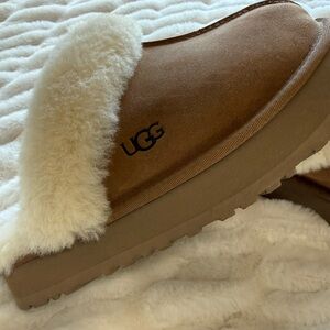 UGG Chestnut Suede Slip-On Slipper with Cream Shearling Trim